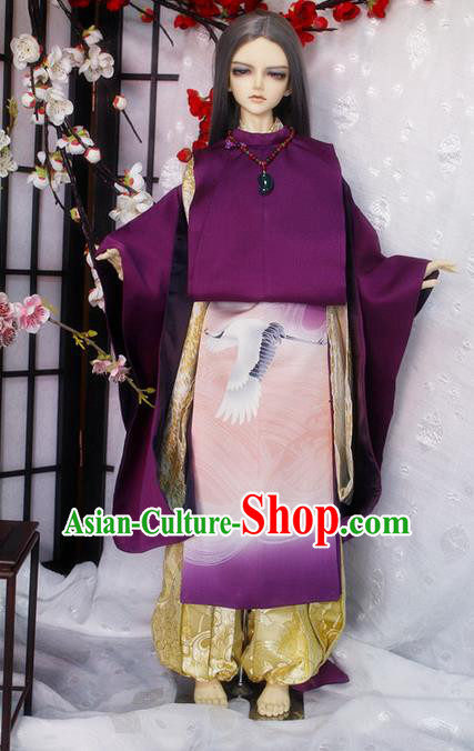 Top Grade Traditional Japan Crane Kimono Costumes Complete Set, Ancient Japanese Kimono Cosplay Purple Clothing for Adults and Kids