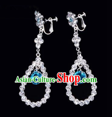 Chinese Ancient Peking Opera Head Accessories Young Lady Diva Colorful Crystal Blue Water Drop Earrings, Traditional Chinese Beijing Opera Hua Tan Ear Pendants