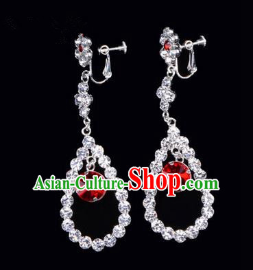 Chinese Ancient Peking Opera Head Accessories Young Lady Diva Colorful Crystal Red Water Drop Earrings, Traditional Chinese Beijing Opera Hua Tan Ear Pendants