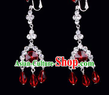 Chinese Ancient Peking Opera Head Accessories Young Lady Diva Colorful Crystal Red Tassel Earrings, Traditional Chinese Beijing Opera Hua Tan Ear Pendants