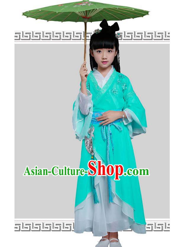 Top Grade Chinese Ancient Princess Costume, Children Peri Elegant Hanfu Dress Green Clothing for Kids