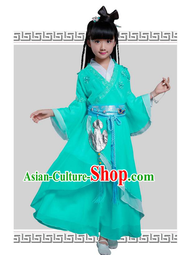 Top Grade Chinese Ancient Princess Costume, Children Peri Elegant Hanfu Dress Green Clothing for Kids