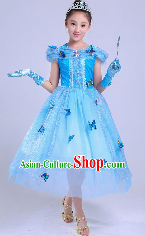 Top Grade Chinese Professional Performance Costume, Children Bubble Full Dress Modern Dance Blue Dress for Girls Kids