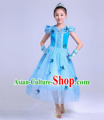 Top Grade Chinese Professional Halloween Performance Butterfly Costume, Children Cosplay Princess Blue Bubble Dress for Kids