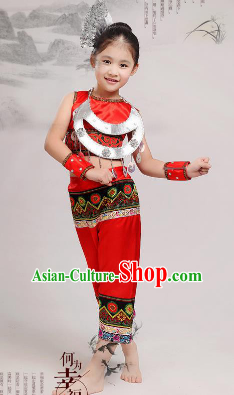 Top Grade Chinese Miao Nationality Little Girls Costume, Children Hmong Dance Red Clothing for Kids