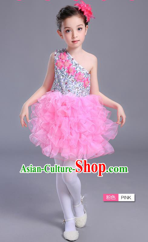 Top Grade Chinese Professional Performance Jazz Dance Costume, Children Modern Dance One-shoulder Pink Bubble Dress for Kids