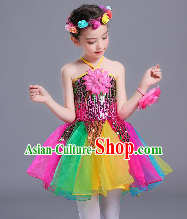 Top Grade Chinese Professional Performance Costume, Children Bubble Full Dress Modern Dance Paillette Dress for Girls Kids