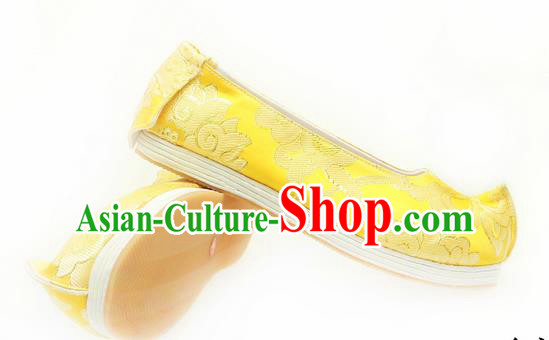 Chinese Ancient Peking Opera Young Lady Wedding Shoes, Traditional Chinese Ancient Princess Hanfu Cloth Shoes Bride Yellow Bow Shoes for Women