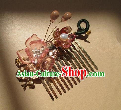 Chinese Ancient Handmade Jewelry Accessories Pink Flowers Hairpins, Traditional Chinese Ancient Hanfu Hair Stick Combs for Women
