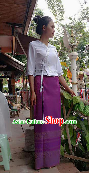 Traditional Thailand Ancient Handmade Costumes, Traditional Thai China Dai Nationality Purple Dress Clothing for Women