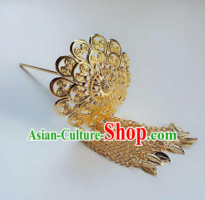 Traditional Thailand Ancient Handmade Hair Accessories Headpiece, Traditional Thai China Dai Nationality Golden Tassel Hairpins for Women