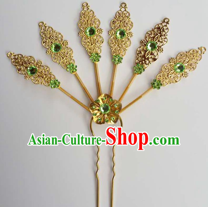 Traditional Thailand Ancient Handmade Hair Accessories Headpiece, Traditional Thai China Dai Nationality Green Crystal Hairpins Headwear for Women