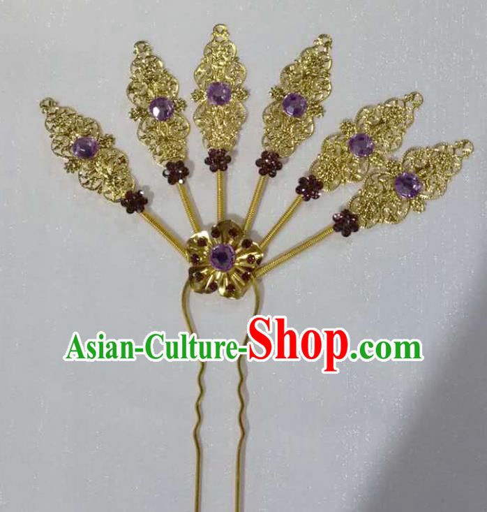 Traditional Thailand Ancient Handmade Hair Accessories Headpiece, Traditional Thai China Dai Nationality Purple Crystal Hairpins Headwear for Women