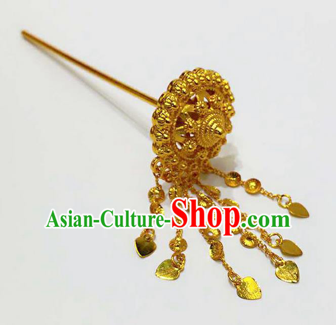 Traditional Thailand Ancient Handmade Hair Accessories Headpiece, Traditional Thai China Dai Nationality Tassel Hairpins Golden Hair Sticks for Women