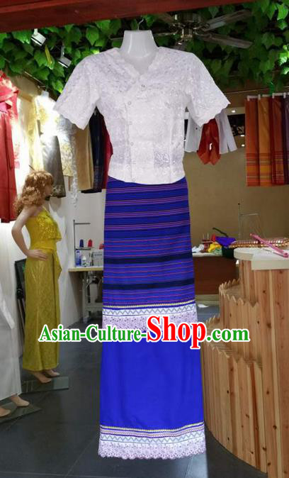 Traditional Thailand Ancient Handmade Costumes, Traditional Thai China Dai Nationality Blue Dress Clothing for Women