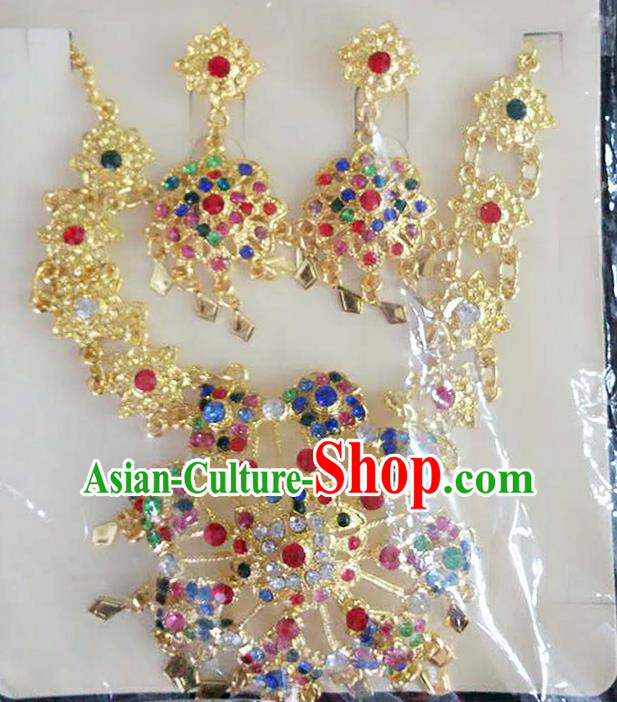 Traditional Thailand Ancient Handmade Accessories Necklace and Earrings, Traditional Thai China Dai Nationality Colorful Crystal Eardrop for Women