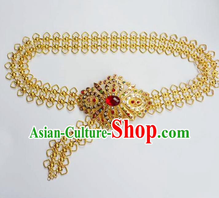 Traditional Thailand Ancient Handmade Waist Chain Accessories, Traditional Thai China Dai Nationality Red Crystal Belts Pendant for Women