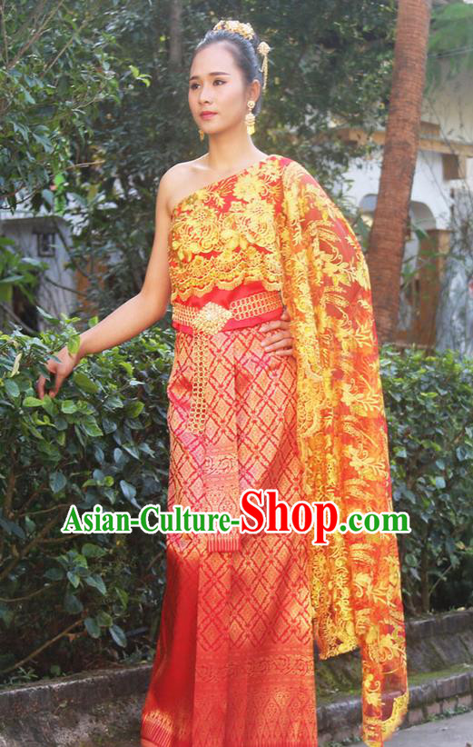 Traditional Thailand Ancient Handmade Female Princess Costumes, Traditional Thai China Dai Nationality Wedding Bride Red Dress Clothing for Women