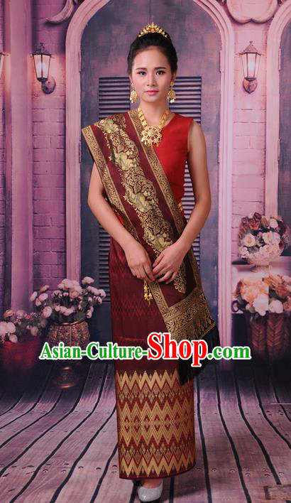Traditional Thailand Ancient Handmade Female Costumes, Traditional Thai Princess China Dai Nationality Wedding Red Dress Clothing for Women