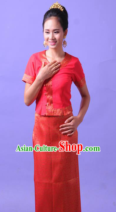 Traditional Thailand Ancient Handmade Female Costumes, Traditional Thai Lady China Dai Nationality Red Dress Clothing for Women