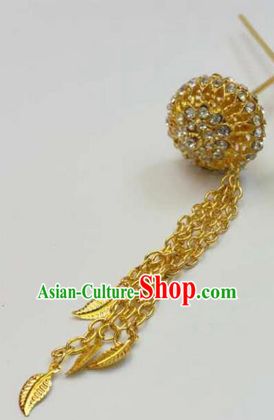 Traditional Thailand Ancient Handmade Hair Jewelry Accessories, Traditional Thai China Dai Nationality Golden Hairpins Crystal Hair Stick for Women