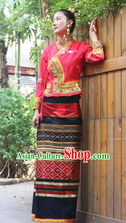 Traditional Thailand Ancient Handmade Female Costumes, Traditional Thai Uniform China Dai Nationality Dark Red Dress Clothing for Women