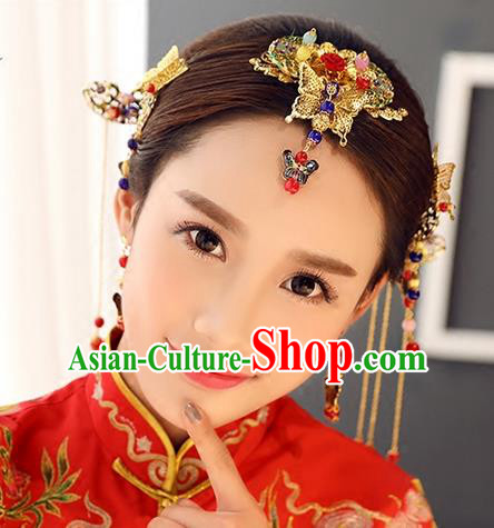 Top Grade Chinese Handmade Wedding Hair Accessories, Traditional China Xiuhe Suit Phoenix Coronet Bride Headwear Hairpins Complete Set for Women