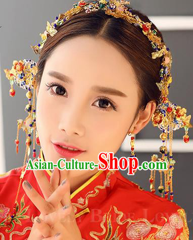 Top Grade Chinese Handmade Wedding Jade Hair Accessories and Earrings, Traditional China Xiuhe Suit Phoenix Coronet Bride Headwear Hairpins Complete Set for Women