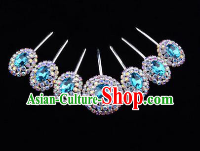 Chinese Ancient Peking Opera Head Accessories Young Lady Diva Colorful Crystal Blue Hairpins Complete Set, Traditional Chinese Beijing Opera Hua Tan Hair Clasp Head-ornaments