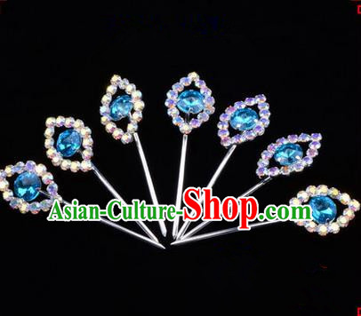 Chinese Ancient Peking Opera Head Accessories Young Lady Diva Colorful Crystal Blue Hairpins Complete Set, Traditional Chinese Beijing Opera Hua Tan Hair Clasp Head-ornaments