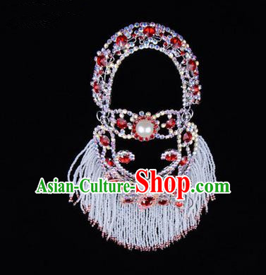 Chinese Ancient Peking Opera Head Accessories Young Lady Diva Red Pearl Hairpins Back Temples Curtain, Traditional Chinese Beijing Opera Hua Tan Hair Clasp Head-ornaments