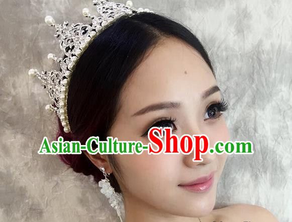 Top Grade Handmade Wedding Bride Hair Accessories Crown, Traditional Baroque Queen Pearl Crystal Royal Crown Wedding Headpiece for Women