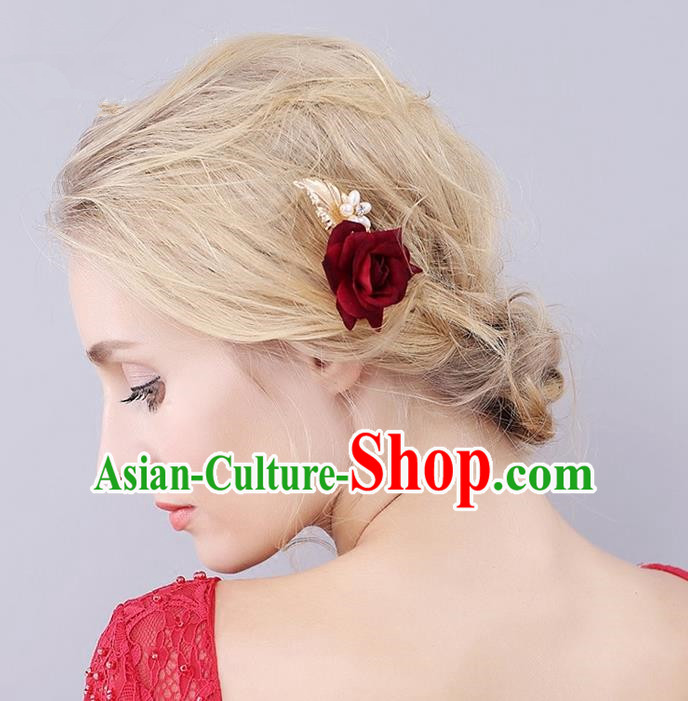 Top Grade Handmade Wedding Bride Hair Accessories Red Rose Hair Stick, Traditional Princess Wedding Headwear Hairpins for Women
