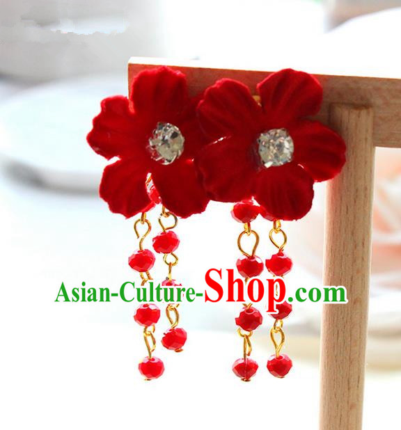 Top Grade Handmade Wedding Bride Accessories Earrings, Traditional Princess Wedding Red Flower Eardrop for Women