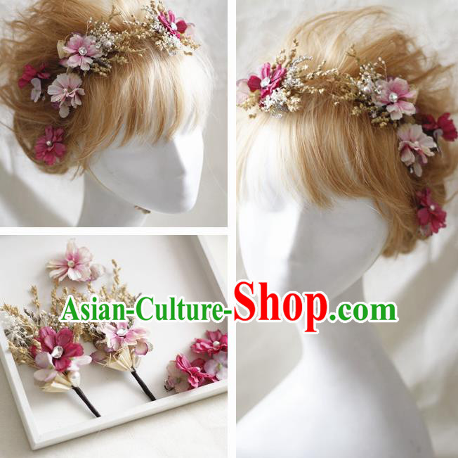 Top Grade Handmade Wedding Bride Hair Accessories Pink Flowers Headwear Complete Set, Traditional Princess Baroque Headpiece for Women
