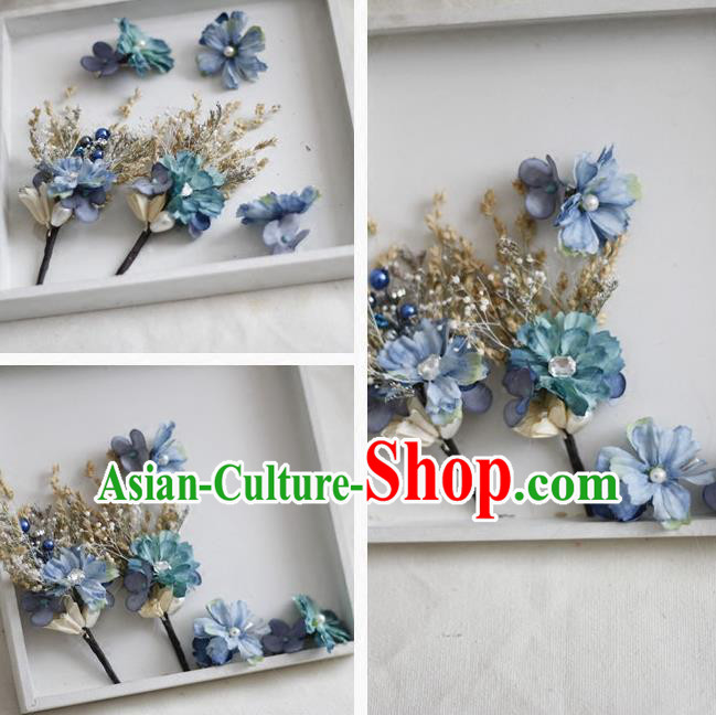 Top Grade Handmade Wedding Bride Hair Accessories Blue Flowers Headwear Complete Set, Traditional Princess Baroque Headpiece for Women