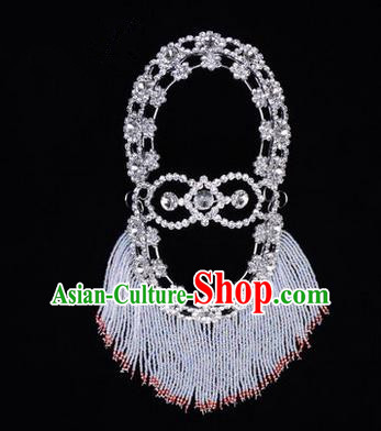 Chinese Ancient Peking Opera Head Accessories Young Lady Diva White Crystal Hairpins Back Temples Curtain, Traditional Chinese Beijing Opera Hua Tan Hair Clasp Head-ornaments