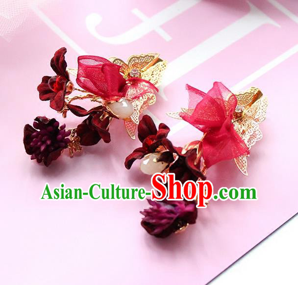 Top Grade Handmade Wedding Bride Hair Accessories Red Flower Headwear, Traditional Princess Baroque Hair Clips for Women