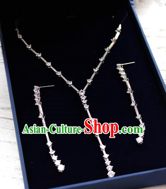 Top Grade Handmade Wedding Bride Accessories Zircon Necklace and Long Earrings Complete Set, Traditional Princess Crystal Wedding Jewelry for Women