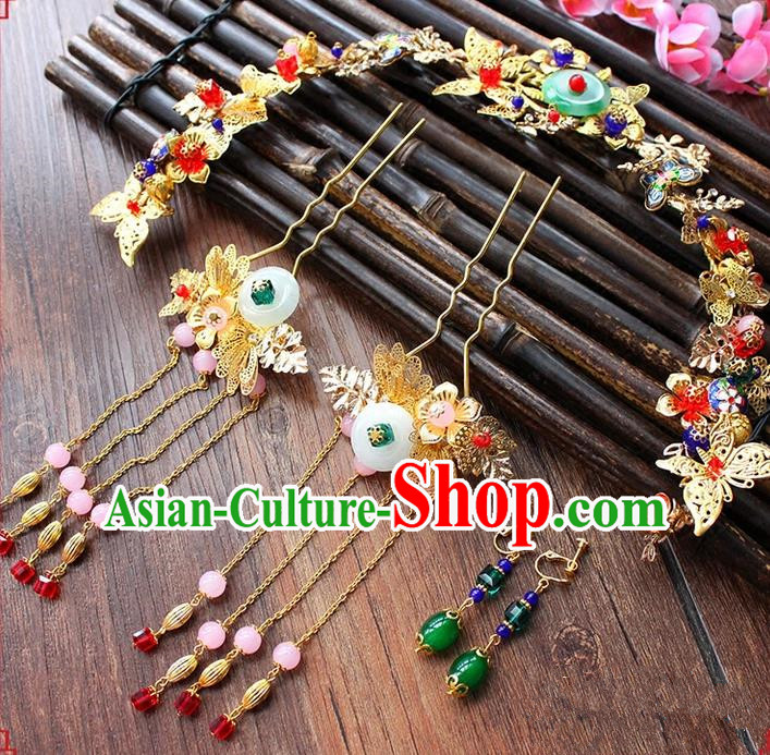 Top Grade Chinese Handmade Wedding Jade Hair Accessories, Traditional China Xiuhe Suit Phoenix Coronet Bride Headwear Hairpins Complete Set for Women