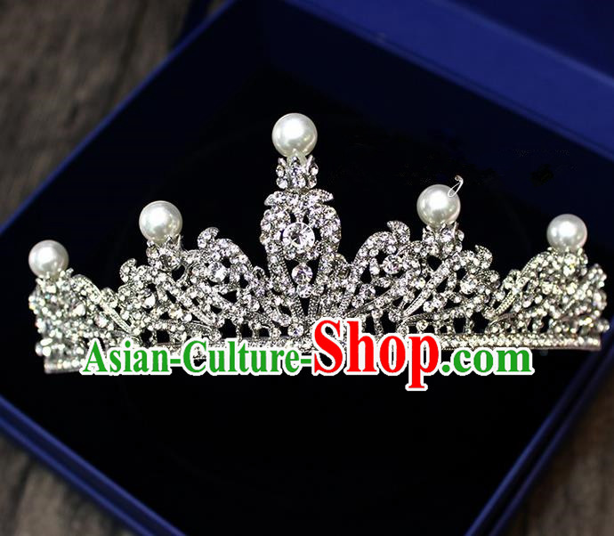 Top Grade Handmade Wedding Bride Hair Accessories Headwear, Traditional Princess Baroque Crystal Pearl Royal Crown Wedding Headpiece for Women