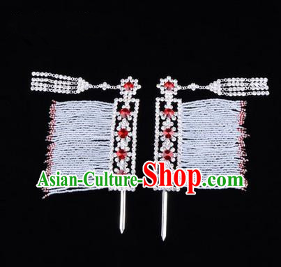 Chinese Ancient Peking Opera Head Accessories Young Lady Diva Red Crystal Hairpins Temples Curtain, Traditional Chinese Beijing Opera Hua Tan Hair Clasp Head-ornaments