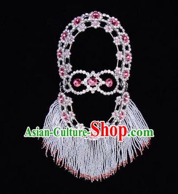 Chinese Ancient Peking Opera Head Accessories Young Lady Diva Pink Crystal Hairpins Back Temples Curtain, Traditional Chinese Beijing Opera Hua Tan Hair Clasp Head-ornaments