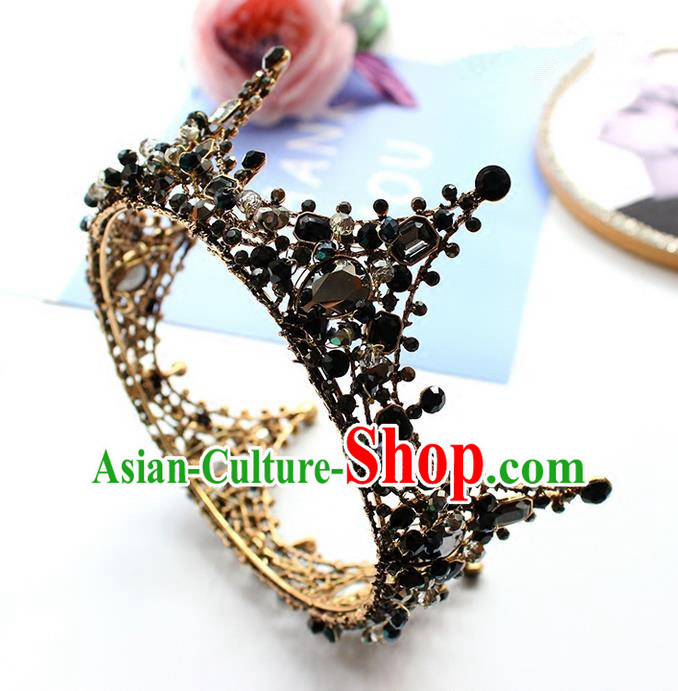 Top Grade Handmade Wedding Bride Hair Accessories Headwear, Traditional Princess Baroque Black Crystal Royal Crown Wedding Headpiece for Women