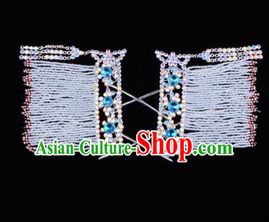 Chinese Ancient Peking Opera Head Accessories Young Lady Diva Blue Crystal Tassel Hairpins Temples Curtain, Traditional Chinese Beijing Opera Hua Tan Hair Clasp Head-ornaments