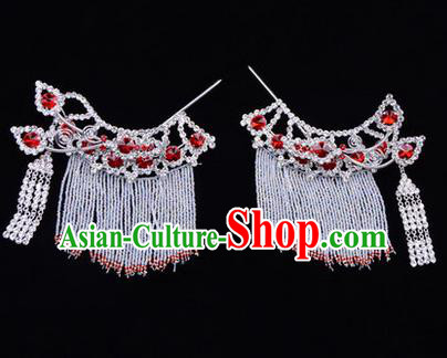 Chinese Ancient Peking Opera Head Accessories Diva Red Crystal Tassel Hairpins Temples Curtain, Traditional Chinese Beijing Opera Princess Hua Tan Hair Clasp Head-ornaments