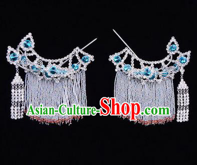 Chinese Ancient Peking Opera Head Accessories Diva Blue Crystal Tassel Hairpins Temples Curtain, Traditional Chinese Beijing Opera Princess Hua Tan Hair Clasp Head-ornaments