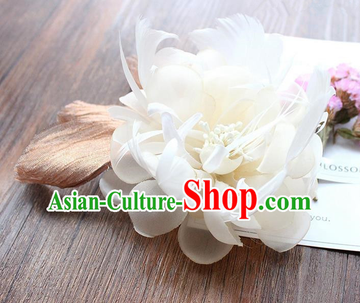 Top Grade Handmade Wedding Bride Hair Accessories Headwear, Traditional Princess Baroque Feather White Flower Hairpin Wedding Headpiece for Women