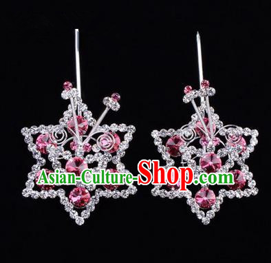 Chinese Ancient Peking Opera Head Accessories Diva Pink Crystal Hexagonal Hairpins, Traditional Chinese Beijing Opera Princess Hua Tan Hair Clasp Head-ornaments