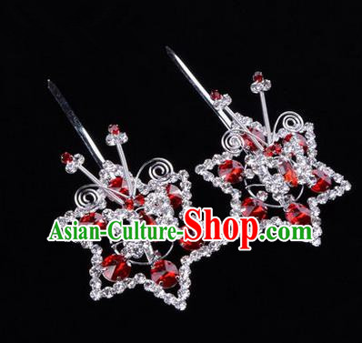 Chinese Ancient Peking Opera Head Accessories Diva Red Crystal Hexagonal Hairpins, Traditional Chinese Beijing Opera Princess Hua Tan Hair Clasp Head-ornaments